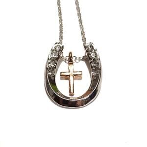 Silver Plated Gold Cross Necklace Rhinestone Horseshoe Equestrian Christian New!